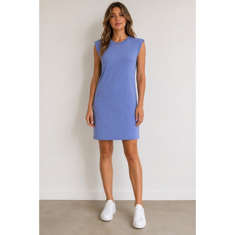 NEW Zara Blue Padded Shoulder Sleeveless Straight Knit Mini Dress Small 6050/323